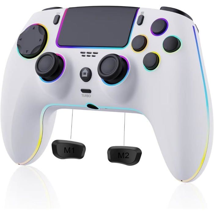 Manette PS5/PRO Sans Fil Blanc Eclairage RGB 7 Couleur/Joystick Effect Hall/Double Vibration/Turbo/Prise Casque/1500 mAh