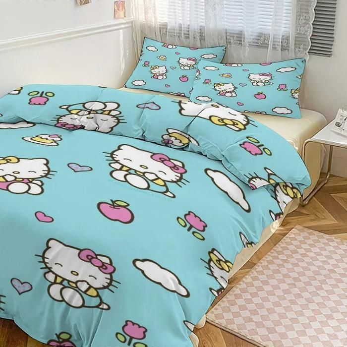 Hello Kitty Print Bedding Set Motif Couette Cove Set 3 Pièces 1 Housse De Couette Et 2 Taies D’oreiller Pour Femmes Homme 200*200cm
