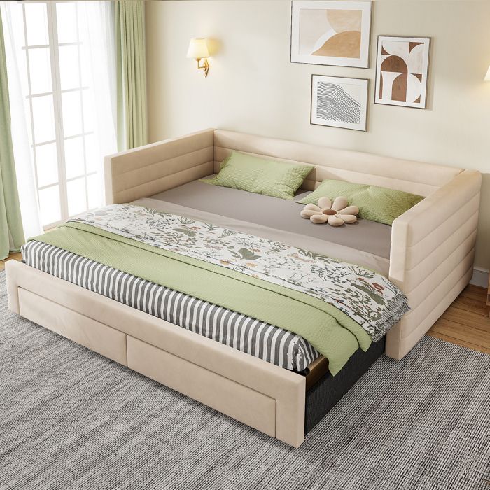 Canapé lit rabattable 90/180x190 avec Lit Gigogne Sommier à lattes et Tiroir Lit de jour Coton en Lin Lits de Repos(Beige) Canapé lit rabattable 90/180x190 avec Lit Gigogne Sommier à lattes et Tiroir Lit de jour Coton en Lin Lits de Repos(Beige)