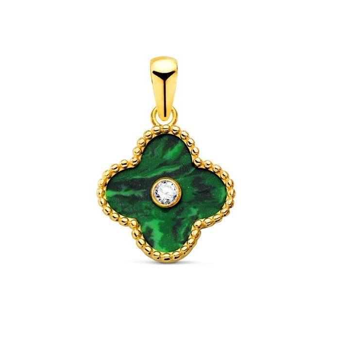 Pendentif en or 18 carats orné dun trèfle de 125 mm serti dun zircon cubique et entouré de perles.