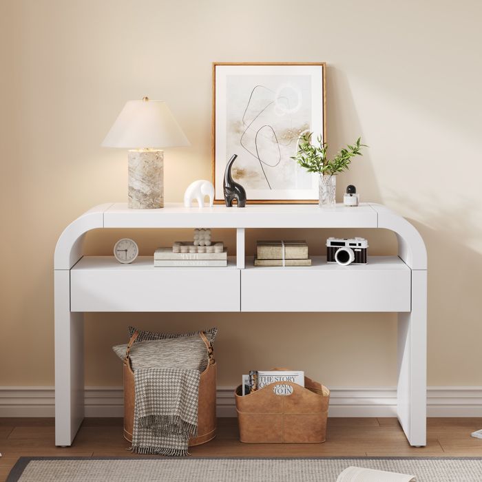 Console d’Entrée Moderne avec Tiroirs et Étagère Table Console Design à Bords Arrondis pour Salon ou Couloir 120x355x765 cm