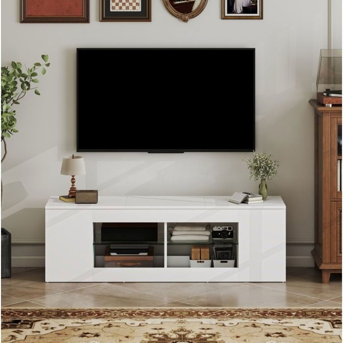 Meuble TV blanc L 140 x P x H 42 5 cm 6 compartiments 2 étagères en verre montage nécessaire