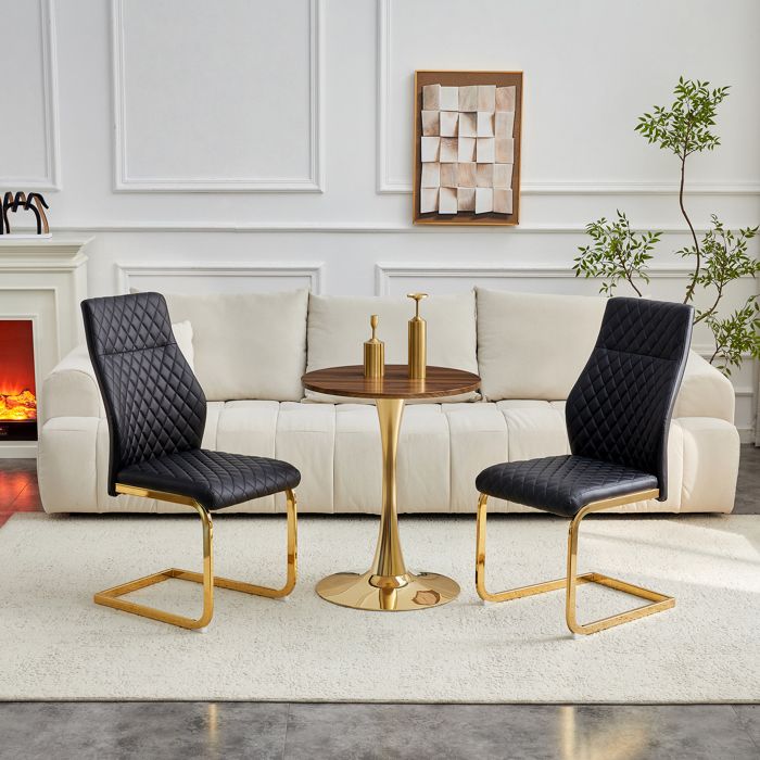 Ensemble table et chaises - Table ronde 60 cm - Aspect bois de noyer - Pied doré - 2 chaises noires - Motif losange
