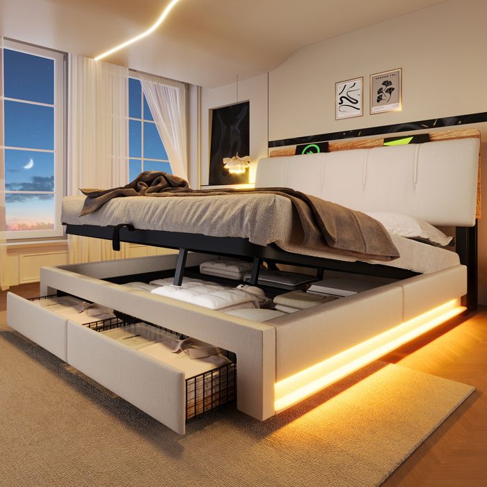 Lit combiné hydraulique avec rangement 140 x 200 cm avec port de recharge USB Type-C tiroir éclairage LED tissu en lin beige