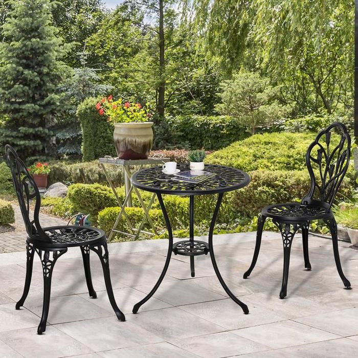 Ensemble de salle à manger pour 2 personnes comprenant une table et deux chaises en aluminium noir idéal pour le jardin