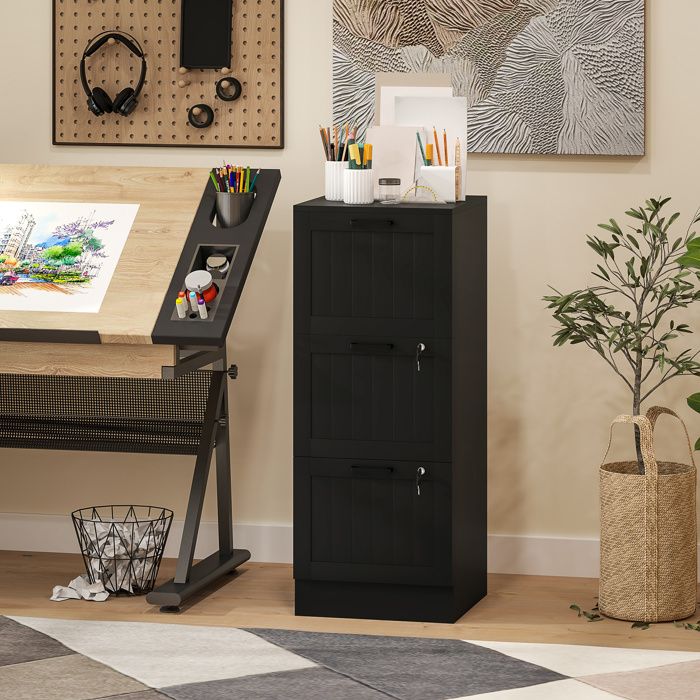 MOTHINESSTO4755-Caisson bureau meuble rangement bois 3 tiroirs et serrure barres de suspension réglables 40 x 40 x 101 cm noir