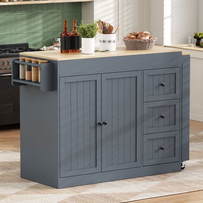 Table de bar extensible Îlot de cuisine avec roulettes étagère à épices et tiroirs îlot de cuisine mobile et autonome gris