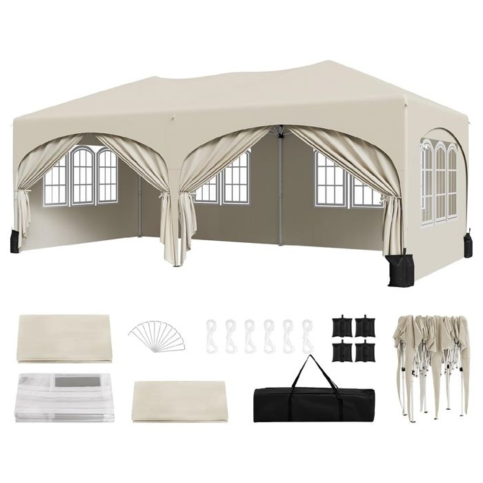 Tonnelle de Jardin avec 4 Sacs de Sable WOLTU Pergola Barnum Tonnelle Pliante 3x6m Beige