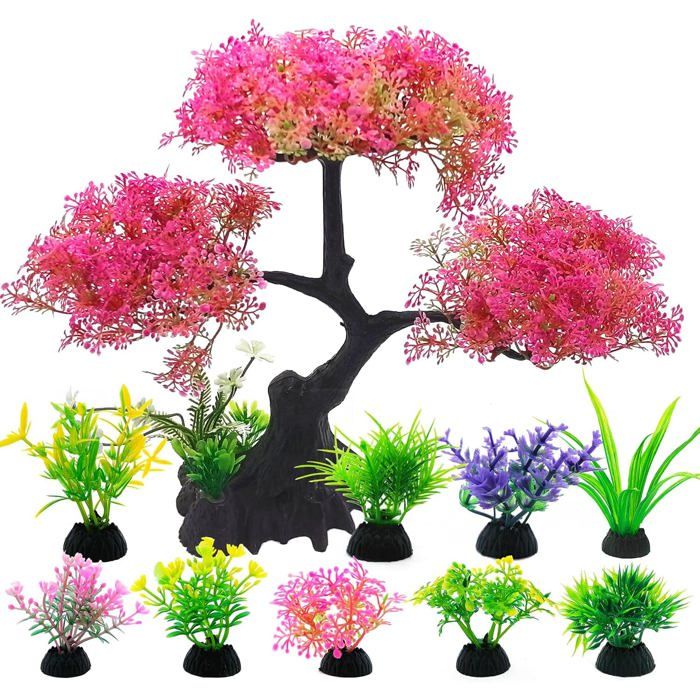 Ensemble de décoration daquarium cerisier - 10 plantes artificielles plastique - Cachette poissons combattants et autres espèces