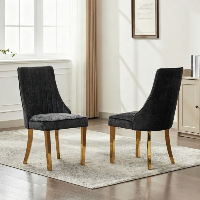 Lot de 2 Chaises de Salle à Manger - BELLEMAVE - Tissu Chenille - Pieds Métalliques Plaqués Or - Design à Cannelures - Noir