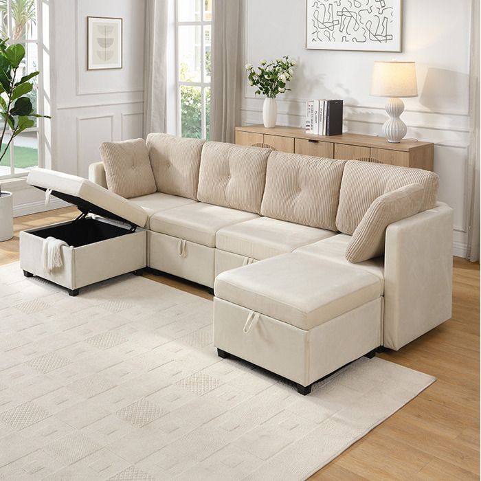 Canapé d’angle modulable 6 modules en U avec coffre transformable en L/lit/fauteuil velours + côtelé mousse HD