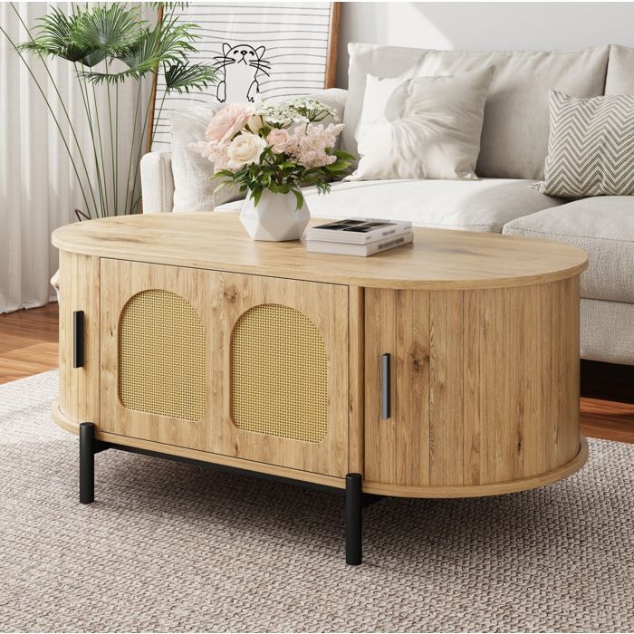 Modenuit Table basse ovale 100x50x40 cm avec rangement portes coulissantes rotin MDF naturel