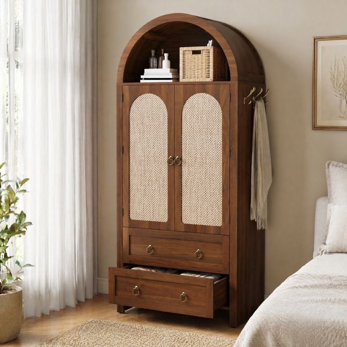 WOVREO Buffet haut 80x40x180 cm en MDF noyer 2 portes effet rotin 2 tiroirs niche ouverte style arche