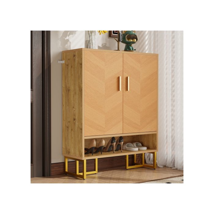 Meuble à chaussures 80 × 38 × 100 cm double porte couleur bois structure en fer doré idéal pour une entrée ou un couloi