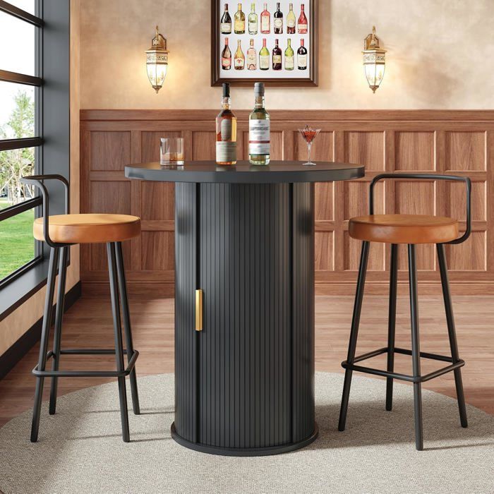 Table De Bar Ronde avec 2 Tabourets-Ensemble Bistrot Industriel Style Campagne-Table Haute Gain De Place pour Cuisine-noir foncé