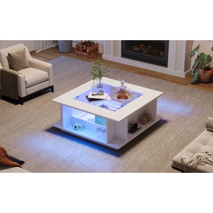 Table basse carrée 70x70x30 cm blanche brillante avec plateau central en verre LED USB et rangements ouverts