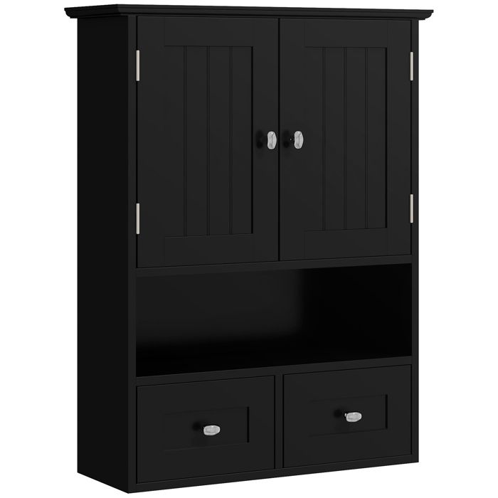 Armoire murale de salle de bain - kleankin - avec portes étagère ouverte 2 tiroirs pour ranger - 50 8l x 17 8P x 66H cm - noir