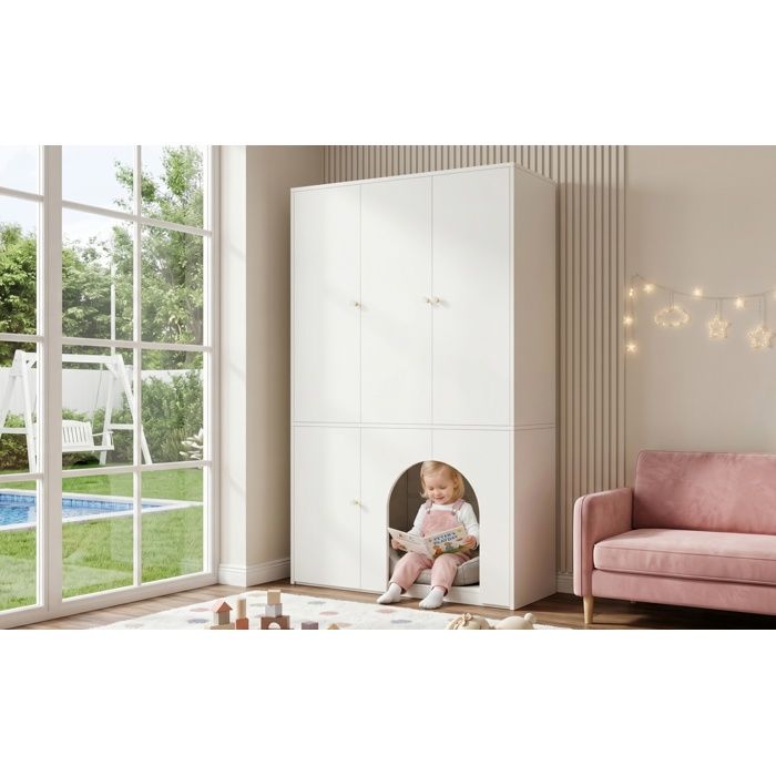 HOMVRA Armoire 3 portes 120 x 50 x 200 cm avec tringle étagères et niche ouverte pour animal ou enfant blanc