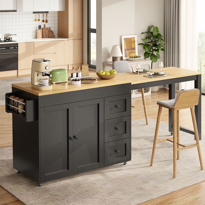 Desserte de Cuisine Mobile Noir - avec Table Extensible 116-179 5 cm - 3 Tiroirs - Rangements Latéraux et Roulettes Desserte de Cuisine Mobile Noir - avec Table Extensible 116-179 5 cm - 3 Tiroirs - Rangements Latéraux et Roulettes