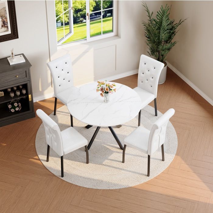 Table À Manger Ronde Effet Marbre Blanc 2 Chaises Set Repas FloraGrace Pour Cuisine Et Salon Piètement X Stable 123x69x17.5cm