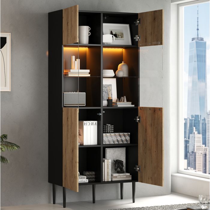 Vitrine Haute Noir Naturel Buffet Vitrine Moderne FloraGrace Pour Salon 10 Compartiments 80x35x180cm