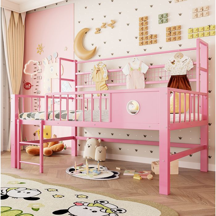 Lit Mezzanine Bas Enfant 1 Place 90 × 200 cm avec Barrières Tringle et Étagère Filet - MEUNIQ - Sans Matelas Métal et MDF Rose