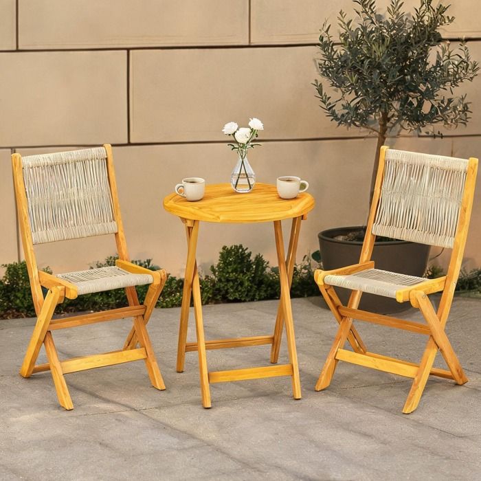 Ensemble bistro 3 pièces table ronde et 2 chaises pliables en bois dacacia finition naturelle et cordage PP