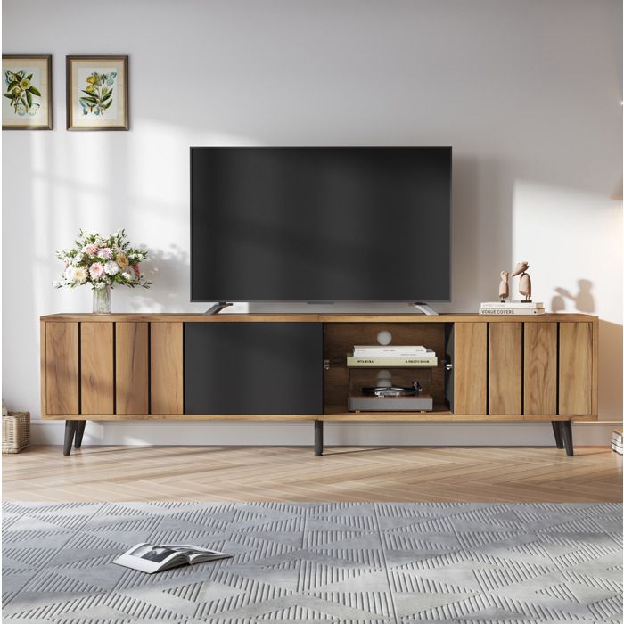 ULEVR Meuble TV bas 175 x 315 x 45 cm 3 portes bois naturel et noir verre trempé pour TV 75 pouces