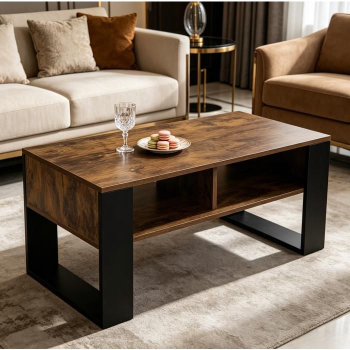 Table basse de salon 90 x 45 x 455 cm noir et marron rustique – rangement ouvert