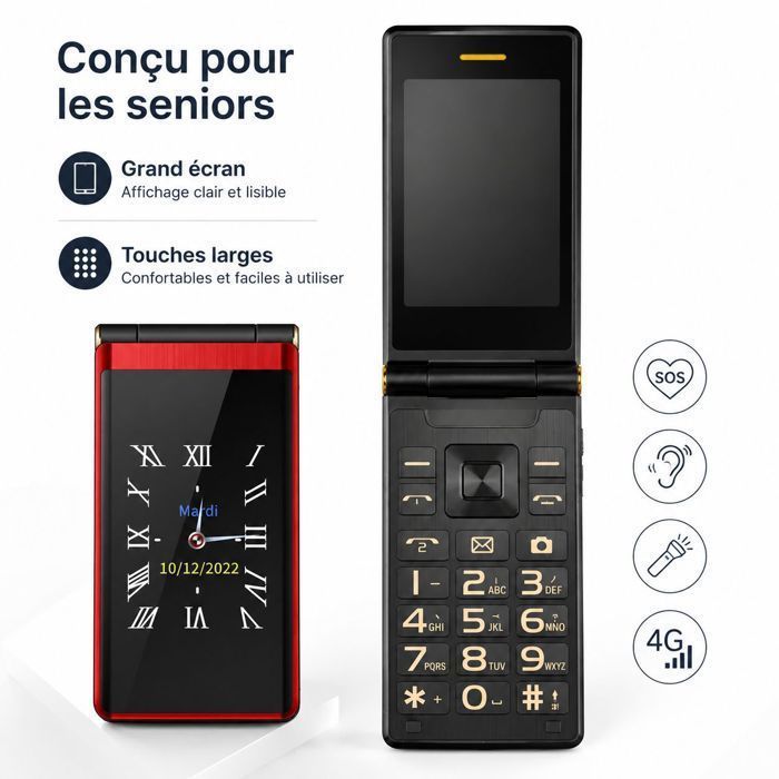 Téléphone Seniors – Batterie 5800 mAh – 4G – Touche SOS – Double écran (28 + 24) – Rouge