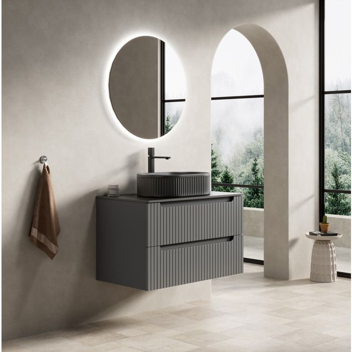 MEULVA Meuble sous vasque suspendu 80 cm vasque ovale noire plan en pierre frittée 2 tiroirs gris foncé