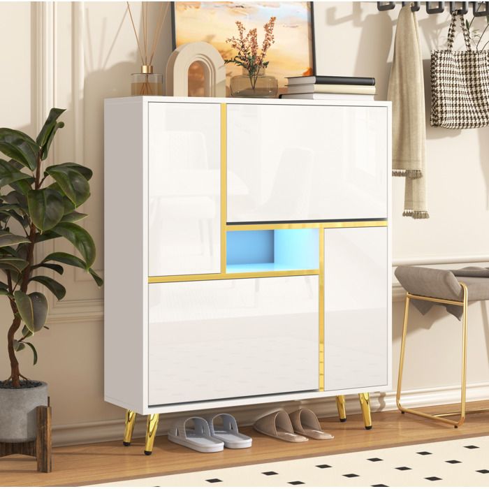 Meuble à chaussures blanc brillant 80 x 25 x 96 cm avec 2 portes étagères réglables et LED 16 couleurs TYNQER