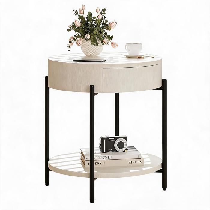 Table dappoint ronde style ferme tiroir rangement bois vintage pieds métal solides idéale salon chambre pratique élégante