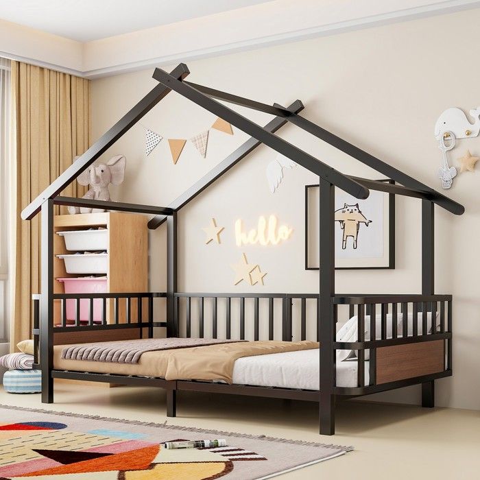 Lit enfant cabane en métal - BLACKCOLOR - 90x200 cm - Noir - Barrières latérales de sécurité - Design toit