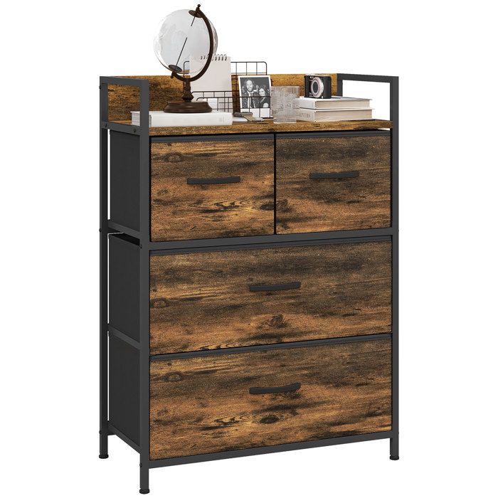 Commode Industrielle Chiffonnier 4 Tiroirs en Tissu Meuble de Rangement avec Étagère Métal et Bois Marron Rustique