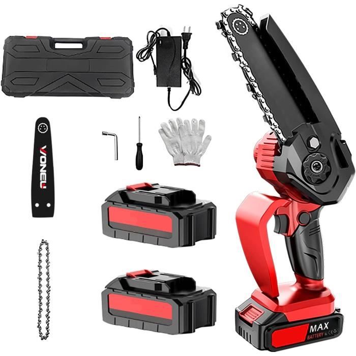 Mini Tronçonneuse électrique 6 pouces Sans Fil avec 2 Batteries 21V pour la Coupe du bois lélagage le Jardin