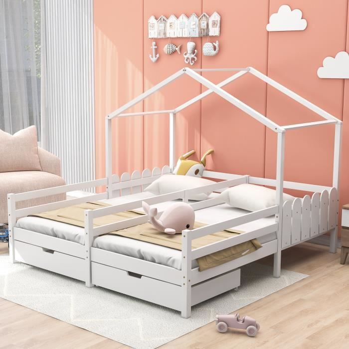 lit cabane enfant , lit double,lit bébé avec 2 tiroirs en mdf, tiroirs sur roulettes, sommier à lattes en pin, blanc (200x90cm)