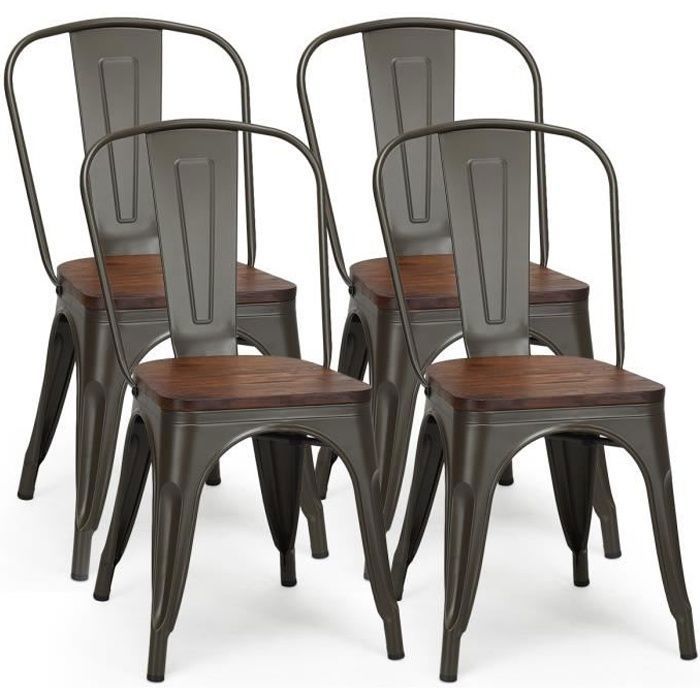 COSTWAY 4 Chaises Salle à Manger Empilables - Style Industriel Assise en Bois dOrme Cadre en Acier pour Bistrot Bar Café Balcon COSTWAY 4 Chaises Salle à Manger Empilables - Style Industriel Assise en Bois dOrme Cadre en Acier pour Bistrot Bar Café Balcon