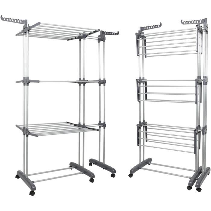 Étendoir à Linge Pliable 3 Niveaux - Avec Roulettes, Réglable, Aluminium - Pour Balcon, Intérieur, Camping - 112x125 Cm Déplié