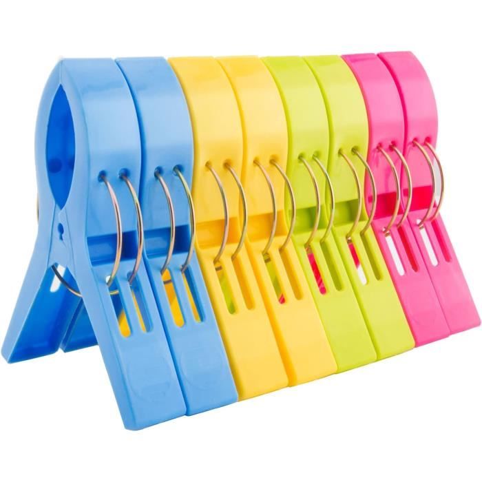 Lot de 8 Grandes Pinces à Linge colorées pour Serviette de Plage en Plastique pour transats empêche Votre Serviette de senvoler