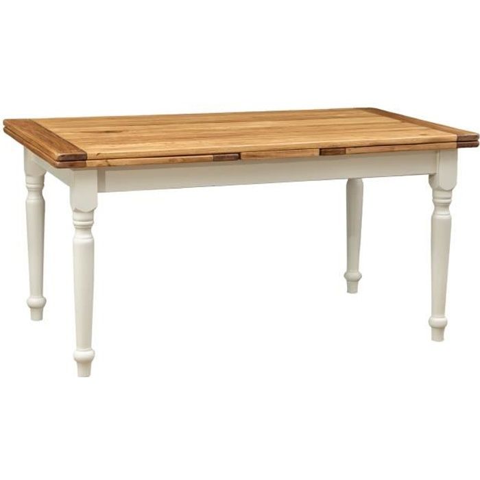 table à rallonge champêtre en bois massif de tilleul avec structure antique blanche et plateau en finition naturelle l160xpr90xh
