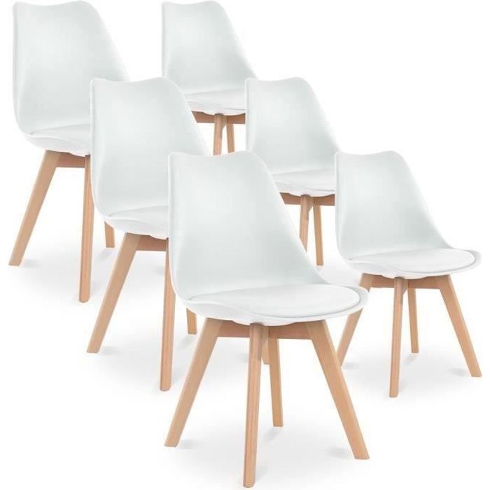 Chaises CATHERINA - Blanc - Scandinave - Pieds bois - Lot de 6