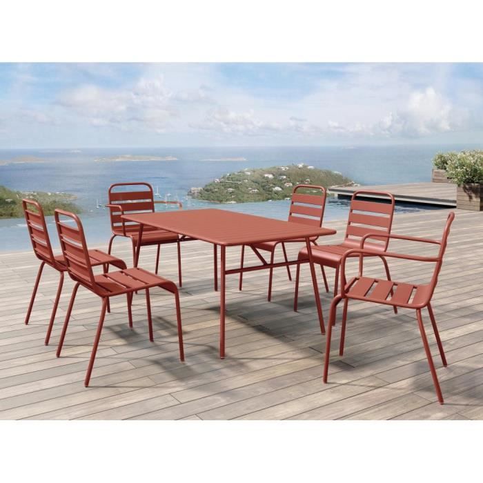 Salle à manger de jardin en métal - une table L.160 cm avec 2 fauteuils empilables et 4 chaises empilables - Terracotta - MIRMANDE