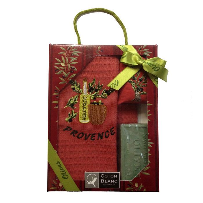 Coffret Cadeau Torchon Nid D'abeille + Savon Lavande + Sachet Lavande - Style Provençal, Broderie Lavande Et Olivier