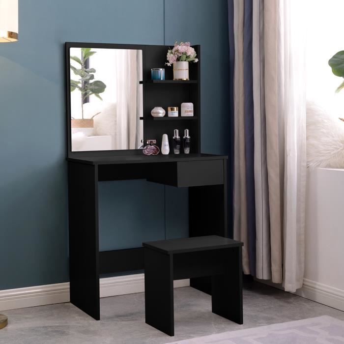 Coiffeuse noir brillant 2 tiroirs Miroir LED Tabouret Table manucure - Ciel & terre Commerce