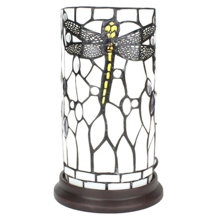 Lampe de table Tiffany Ø 15x26 cm Blanc Gris Verre Plastique Rond Libellule 5LL-6302