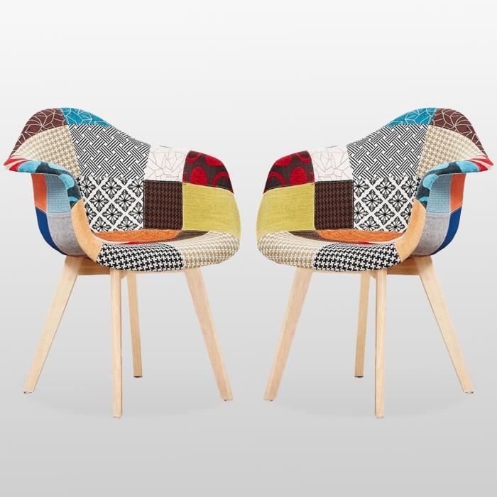 lot de 2 chaises en tissu patchwork - design scandinave - accoudoirs - salle à manger, salon, bureau - style rétro
