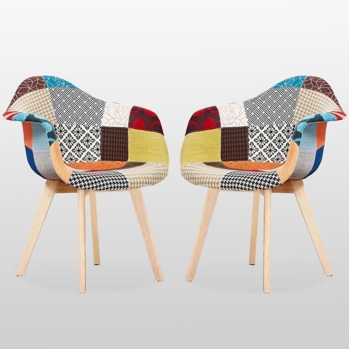 Lot de 2 chaises de salle à manger en tissu patchwork avec accoudoirs