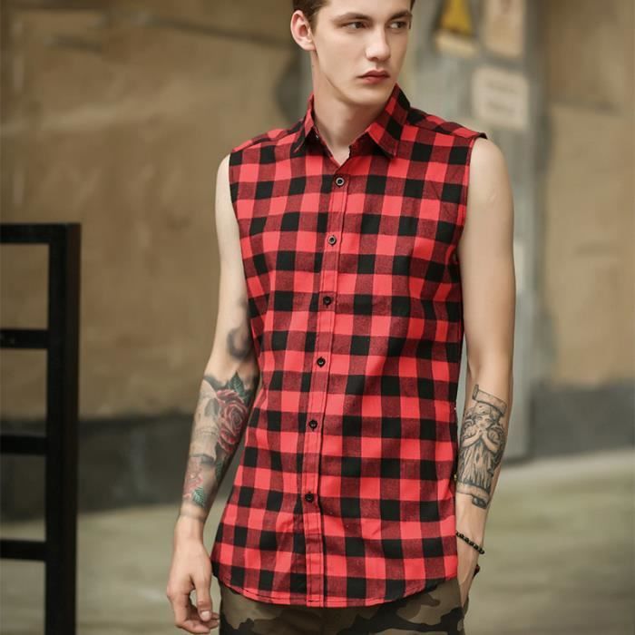 Thzijue01 H615 M1840 Red Xlchemise A Carreaux Homme Mode Marque Luxe Sans Manche Chemise Pour Homme Cote Zipper Slim Fit Hip Hop Rouge Cdiscount Pret A Porter