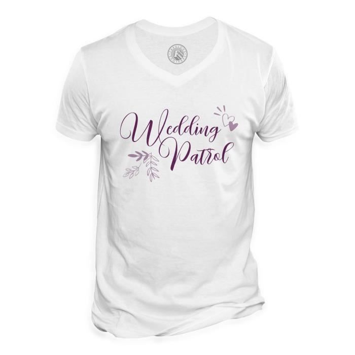 T-shirt Homme Col V Wedding Patrol Calligraphie Mariage Noces Fiancée
